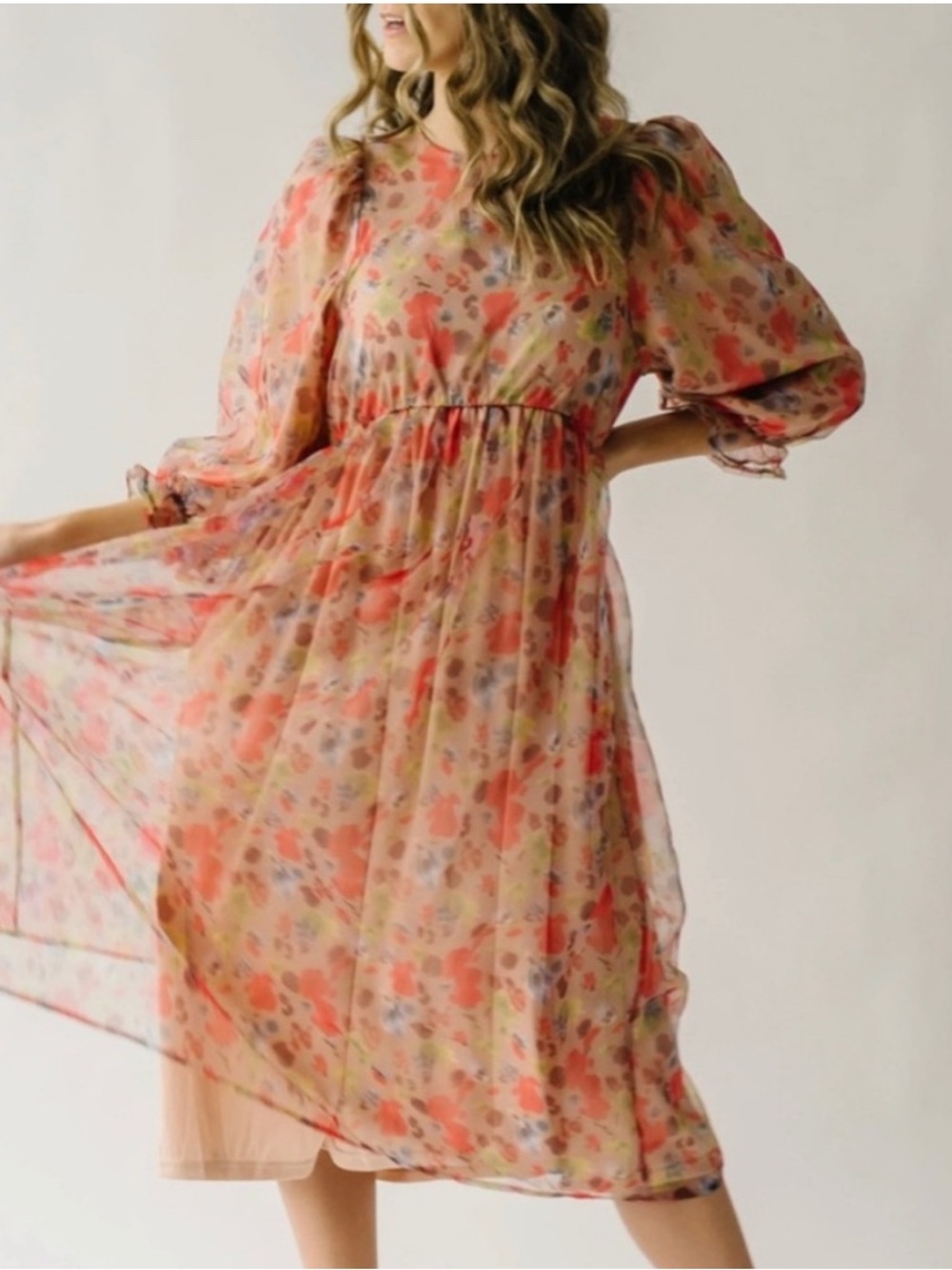 Polagram Peach Floral Midi Dress with Puff Sleeves